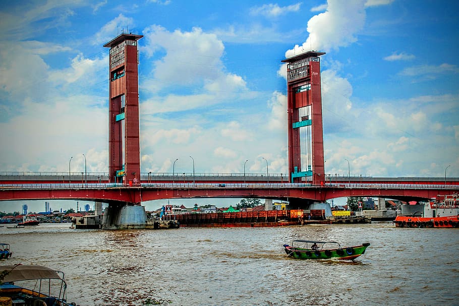 bridge, ampera, palembang, indonesian, built structure, water, HD wallpaper