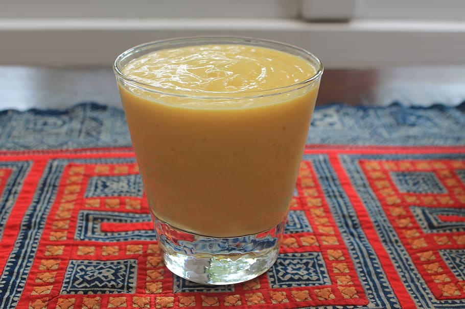 clear glass filled with yellow smoothie, healthy, mango, breakfast HD wallpaper