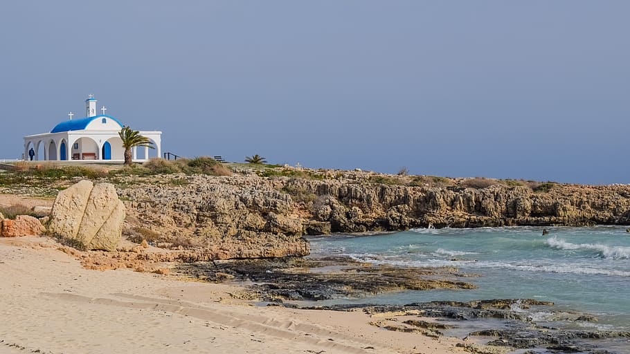 Church, Beach, Cove, Sea, Island, landscape, mediterranean, HD wallpaper