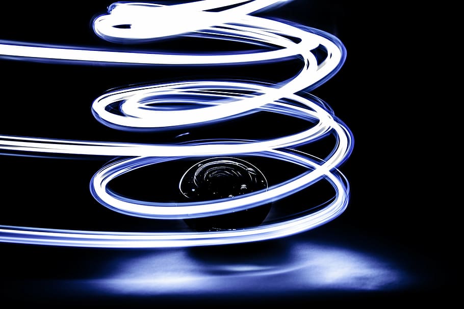 long exposure, led, blue, abstract, backgrounds, swirl, spiral, HD wallpaper