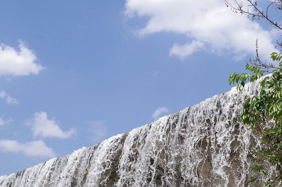 falls, blue sky, background, cloud - sky, nature, low angle view HD wallpaper