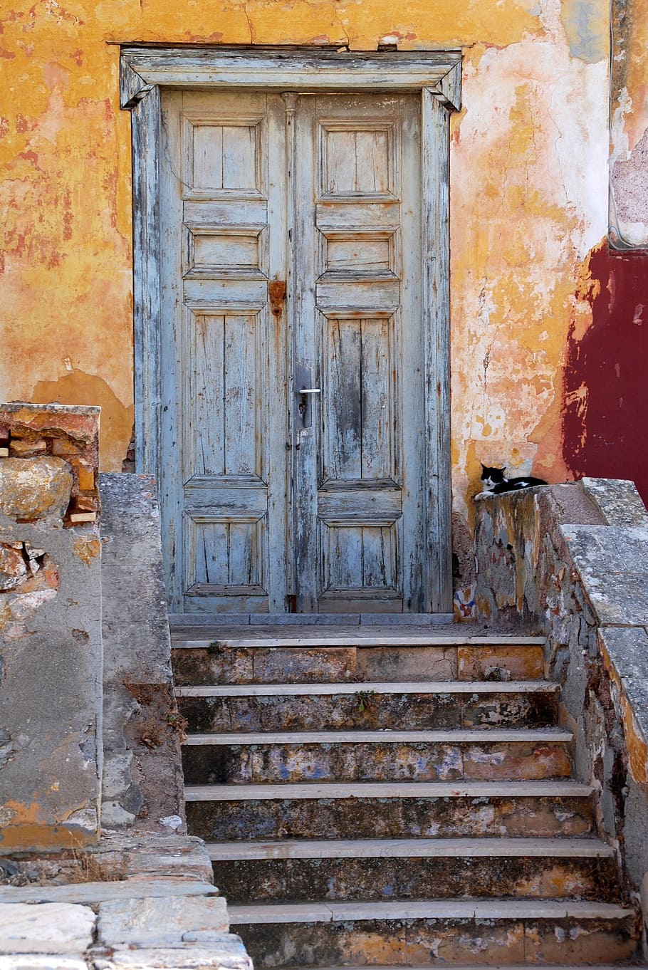 slightly opened door near stair, greece, hydra, holiday, color