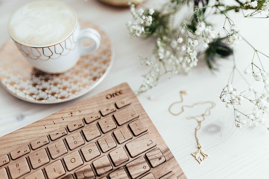 Wooden keyboard and cup of coffee, technology, desk, oree, cappucino