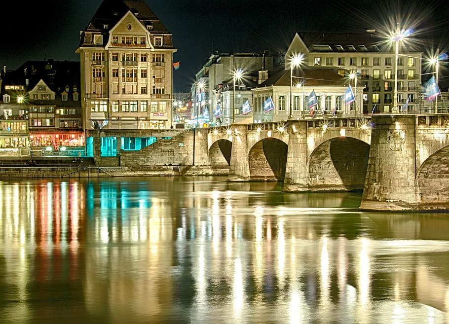 gray concrete bridge, basel, rhine, night, lights, mirroring HD wallpaper
