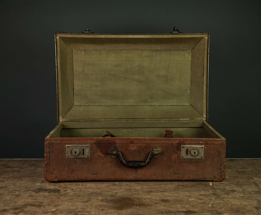opened brown wooden luggage on brown surface, briefcase, vintage, HD wallpaper