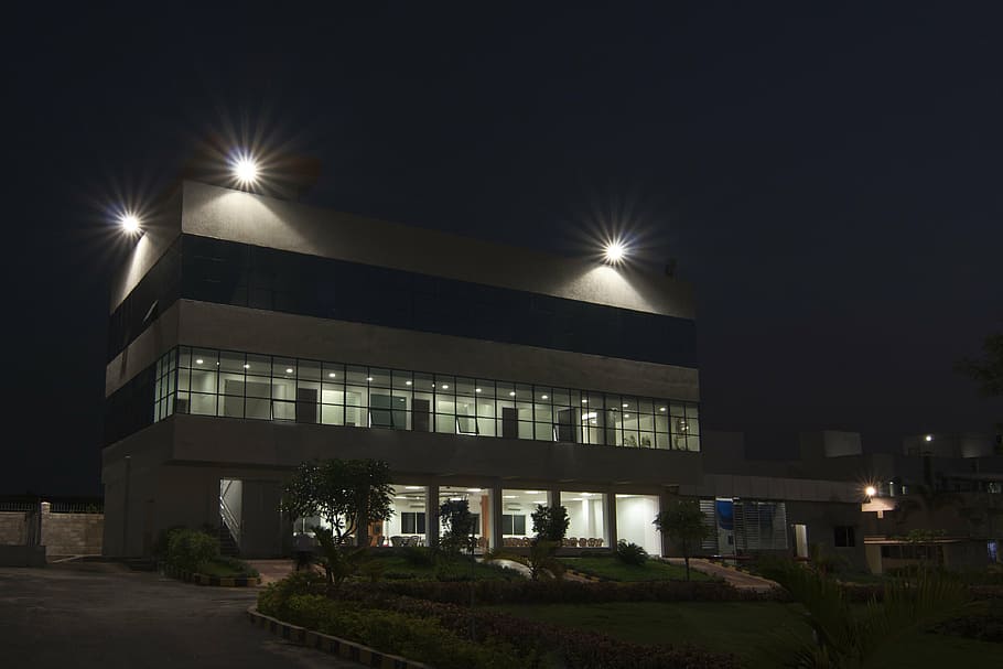 building, construction, night, lights, architecture, business HD wallpaper