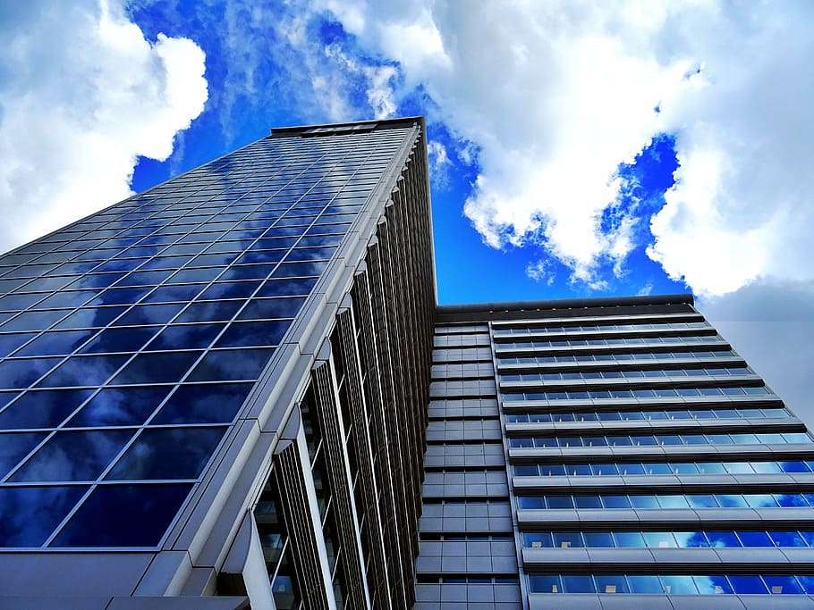 architecture, building, clouds, low angle shot, perspective HD wallpaper
