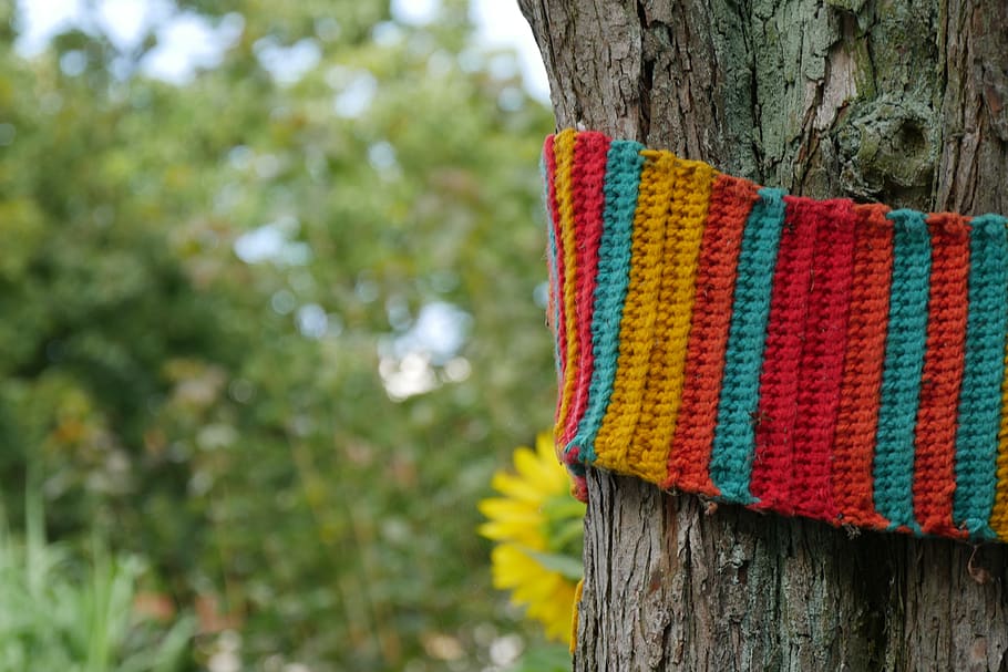 tree, bush, scrub, disguised, wool, tree trunk, textile, multi colored HD wallpaper