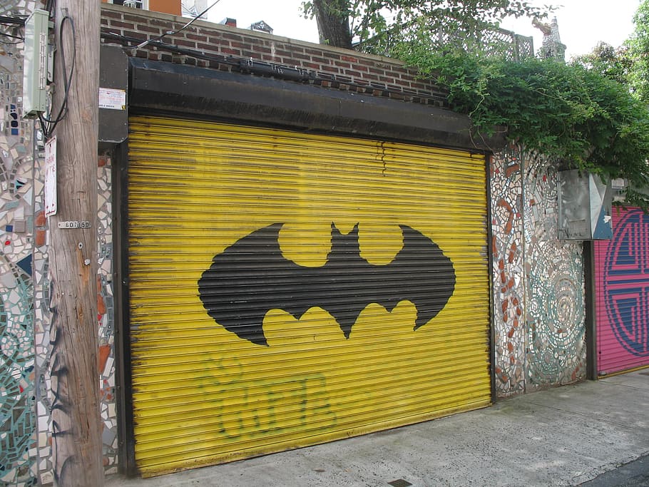 closed Batman printed roller shutter, garage, door, unique, urban