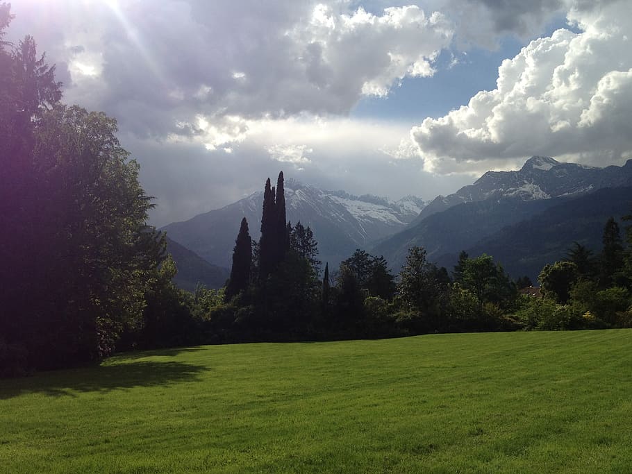 south tyrol, meran, meadow, nature, sky, mountains, clouds, HD wallpaper