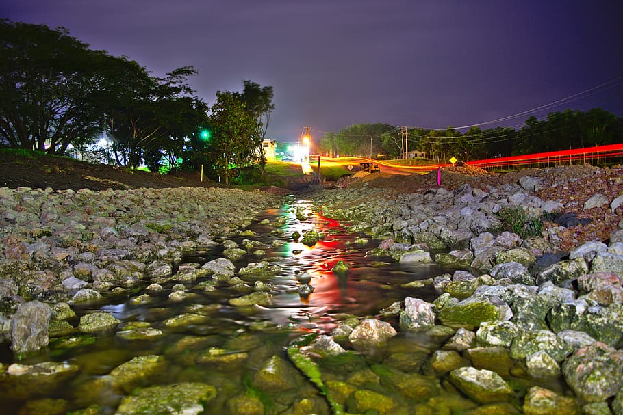 water, flow, rocks, reflection, drain, limestone, long exposure HD wallpaper