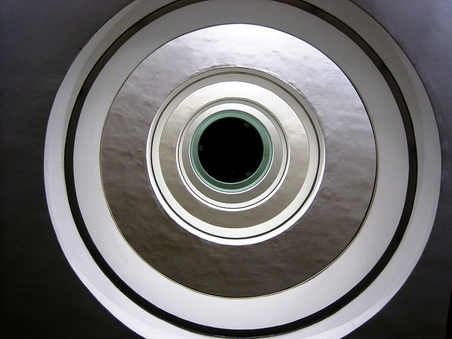 circular, repeat, round, concentric, stairwell, white, light and shadow HD wallpaper