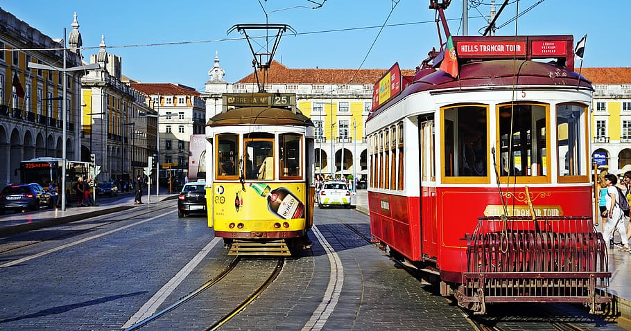 people riding on yellow and white trum, tram, lisbon, portugal, HD wallpaper