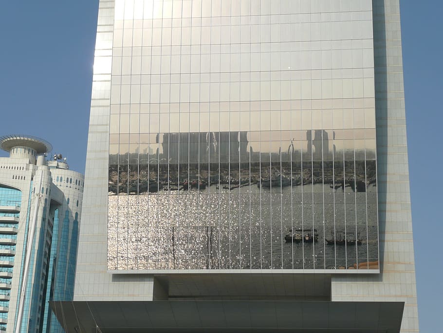 Mirroring, Water, Reflections, Ship, glass, skyscraper, dubai HD wallpaper