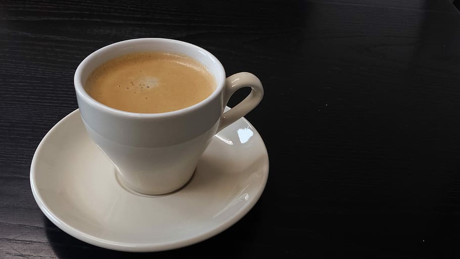 white teacup with coffee in saucer on black wood surface, Coffee, Cup HD wallpaper