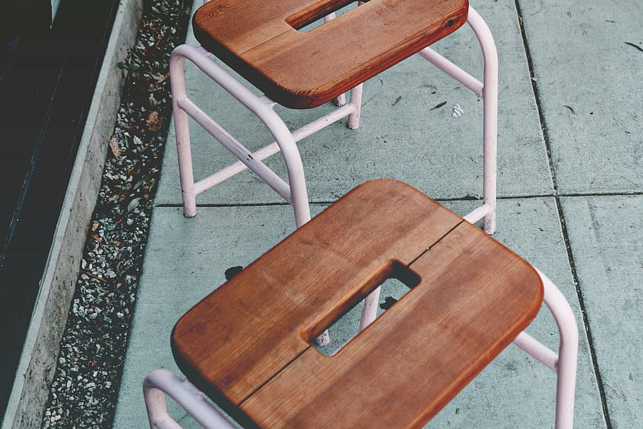 two brown stools, wooden, chairs, table, absence, high angle view HD wallpaper