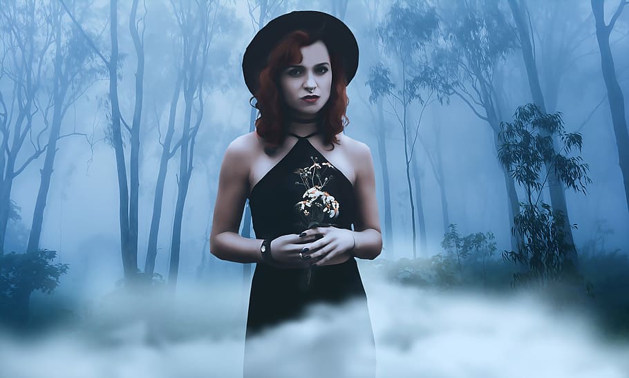 woman wearing halter strap dress, gothic, dark, fantasy, young