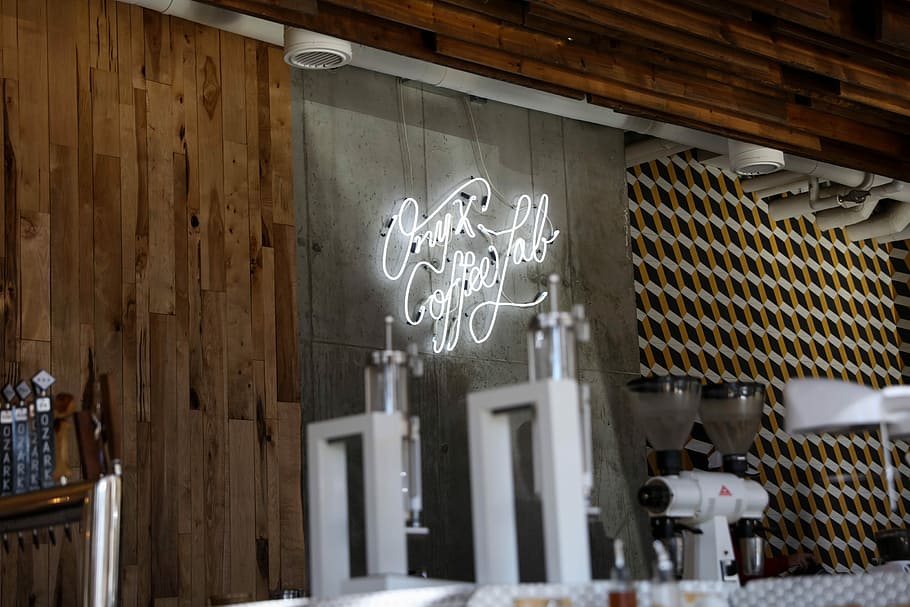 turned-on caffee lab LED signage, white neon signages mounted on gray wall HD wallpaper