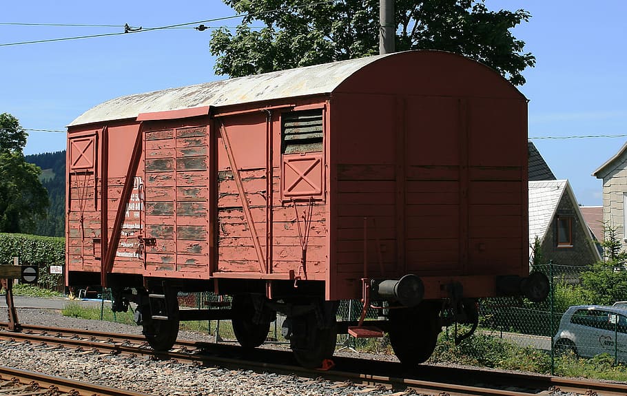 Red Wagon, Railway, goods wagons, old, railroad track, transportation HD wallpaper