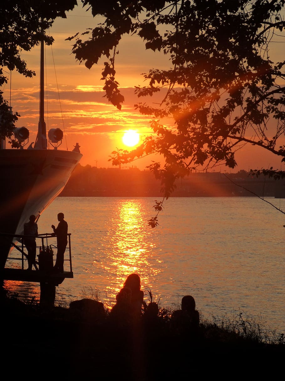 sunset, river, beach, sky, water, silhouette, orange color HD wallpaper