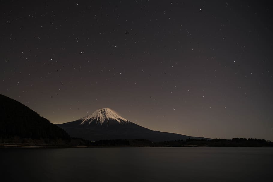 photography of mountain near body of water during nighttime, lake tanuki