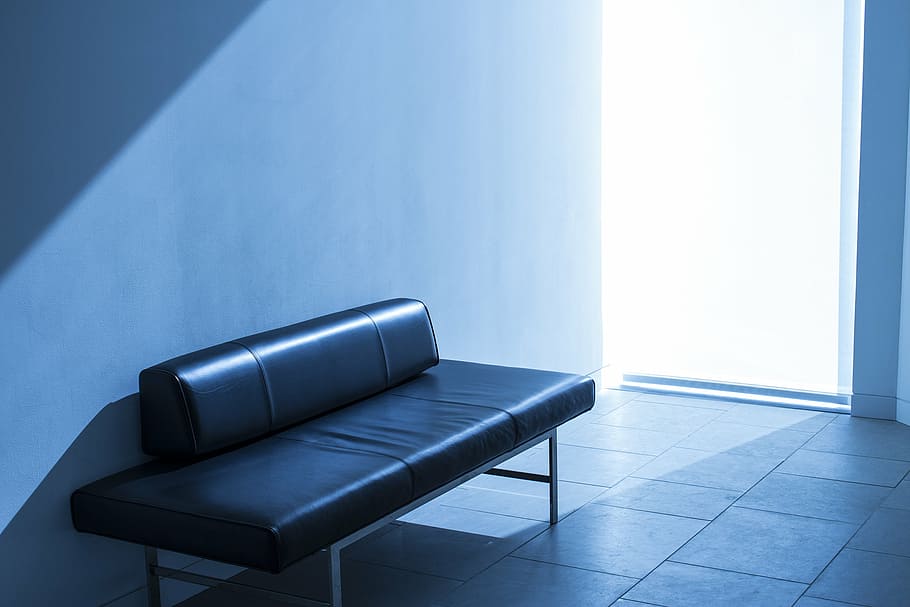 black leather bench near wall inside room, photo, padded, white HD wallpaper
