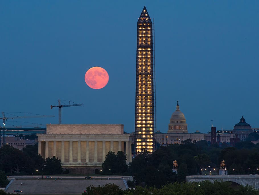 supermoon, full, perigee, night, washington monument, lincoln memorial HD wallpaper