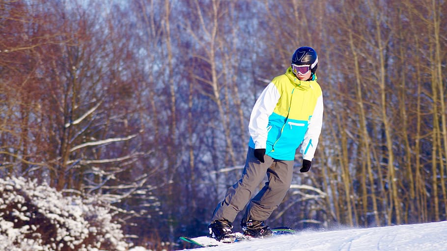 person snowboarding near pine trees, up chrobry, winter, elbląg, HD wallpaper