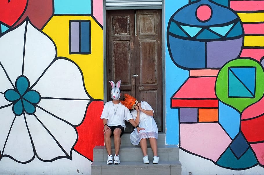 man and woman sitting in front of door, wall, art, mural, painting HD wallpaper