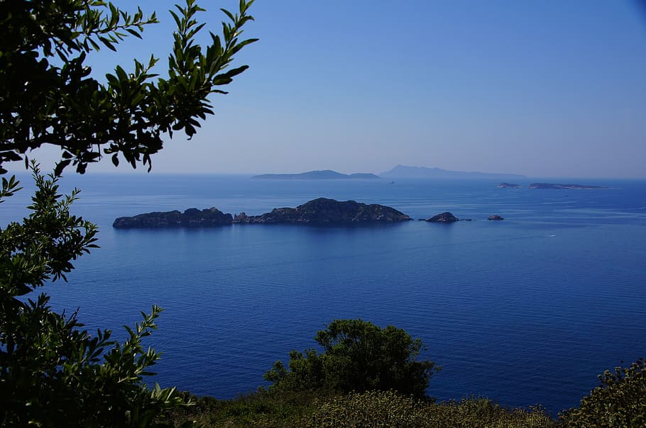 corfu, sea, booked, nature, blue, landscape, mountain, scenics HD wallpaper