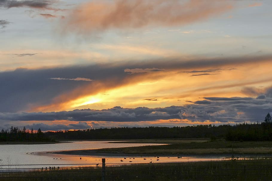Sunset, Lake, Lake, Mountain, Evening, Water, clouds, landscape HD wallpaper