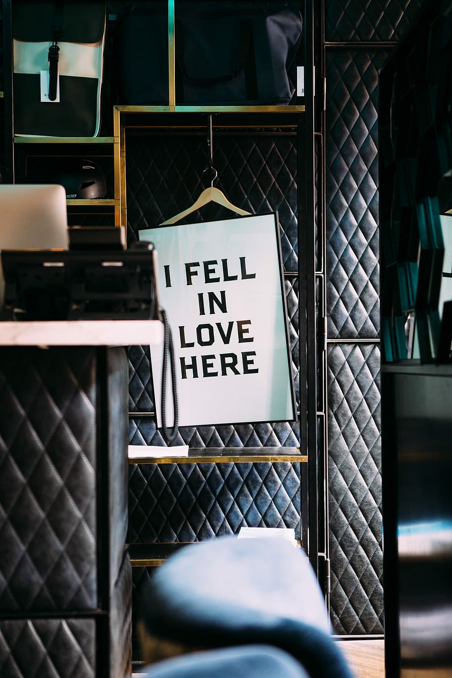 i fell in love here poster in a room, i fell in love here hanging signage board HD wallpaper