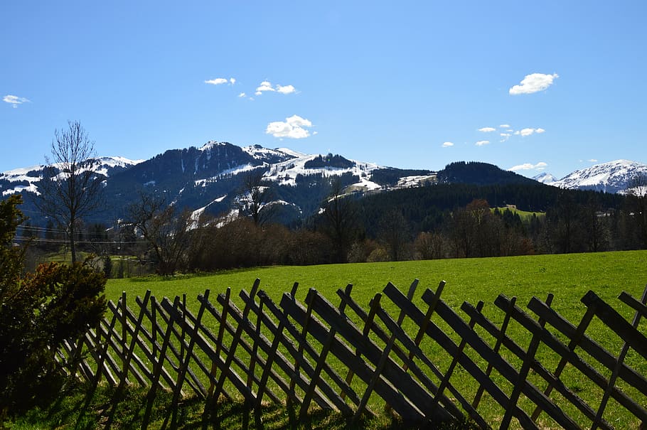 wood fence, kitzbühel, spring, nature, mountain, landscape, HD wallpaper