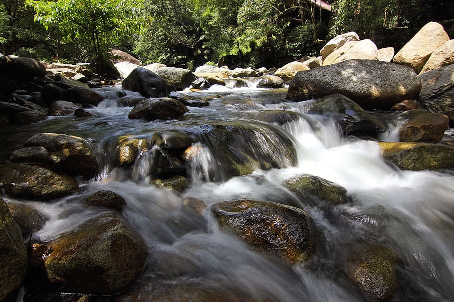 landscape, nature, water, rocks, creek, environment, flow, forest HD wallpaper