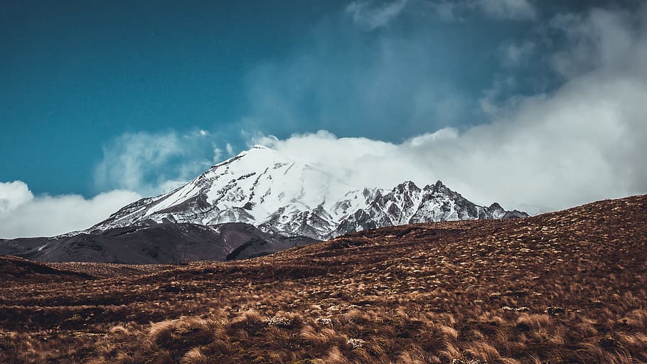 snow-covered mountain under white and blue sky, landscape photo of gray mountain covered with snow at daytime HD wallpaper