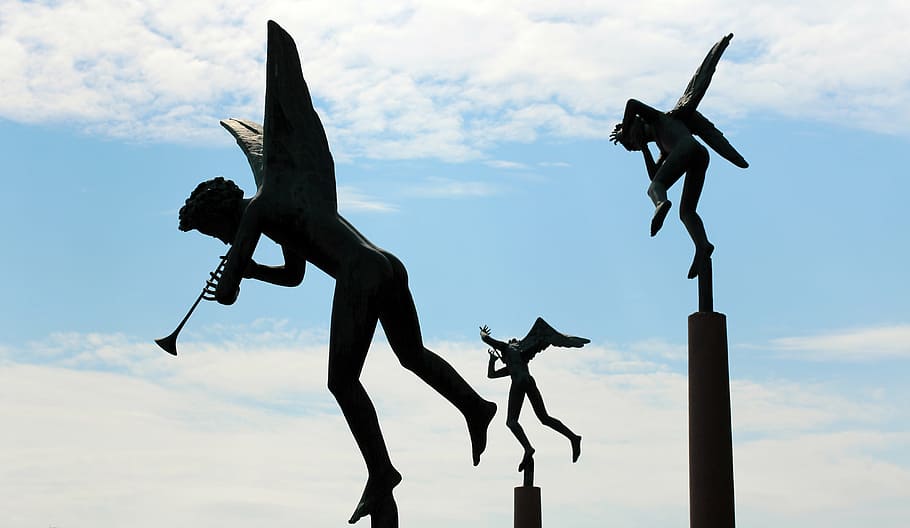 three angels statues, art, figure, music, mystical, sky, blue