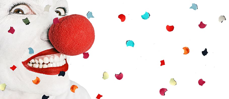clown smiling in white surface, fun, cheerful, mood, confetti HD wallpaper