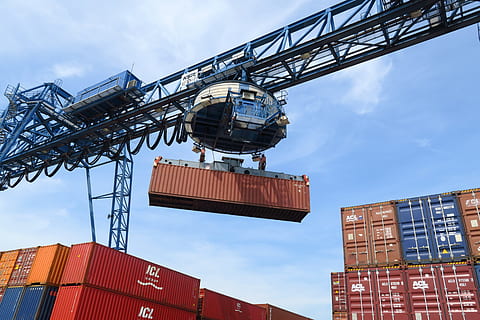 blue crane lifting red shipping container, loading, port, transport HD wallpaper