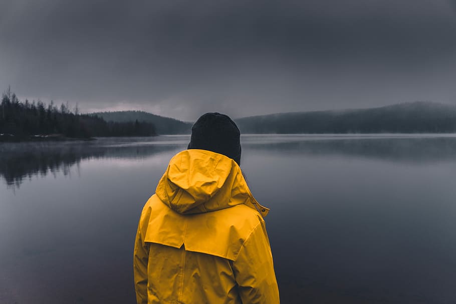 man facing calm body of water under cloudy sky, untitled, person HD wallpaper