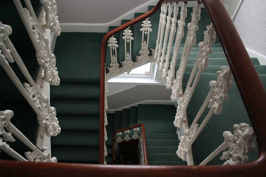 stairs, railing, home, staircase, architecture, wooden, no people HD wallpaper