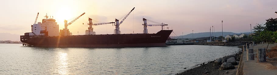 black and white cargo ship, ocean, sunset, sea, travel, boat, HD wallpaper