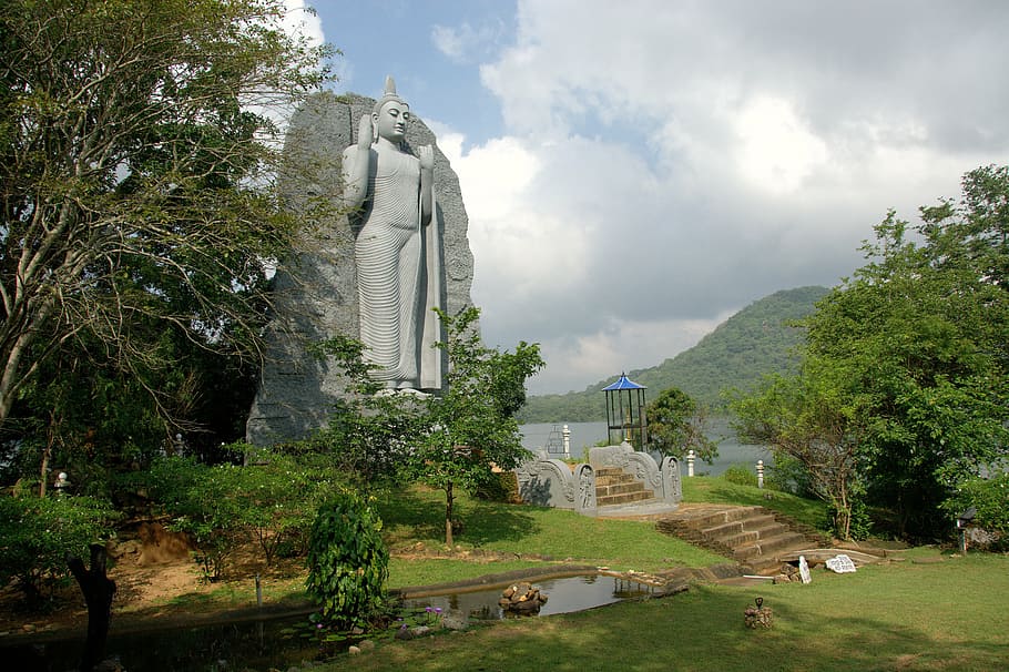 temple, statue, lake, plant, tree, water, architecture, nature HD wallpaper