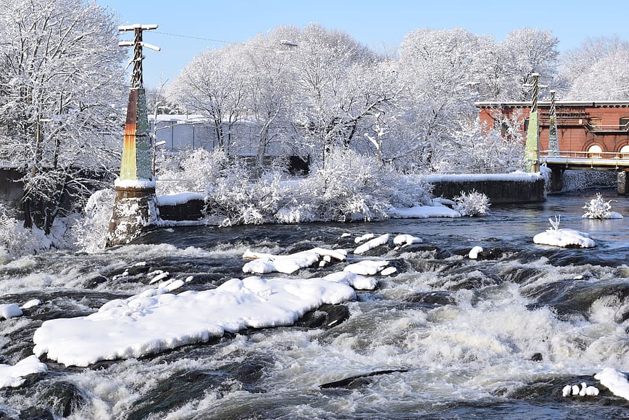 winter, cold, water, snow, nature, mill town, tree, cold temperature HD wallpaper