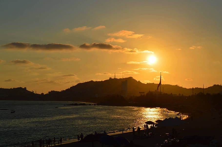 acapulco, mexico, sunset, sky, water, cloud - sky, silhouette HD wallpaper