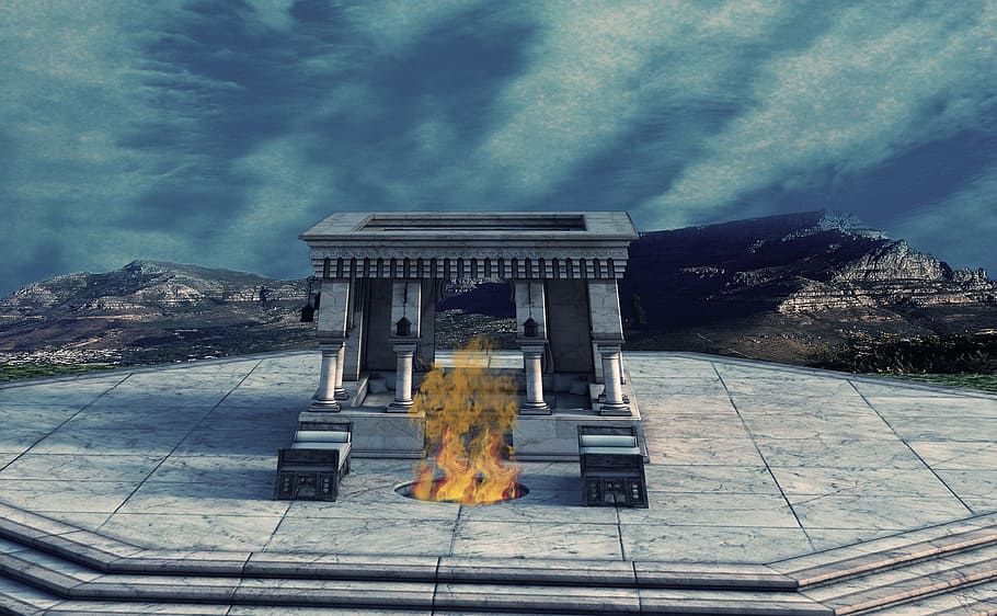 temple, fire, holy, victims, background, fantasy, sky, ceremony HD wallpaper