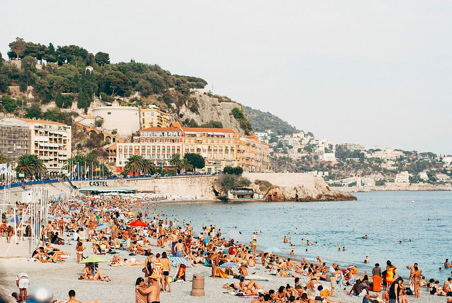 group of people on seashore, people gathering at the beach, crowd HD wallpaper