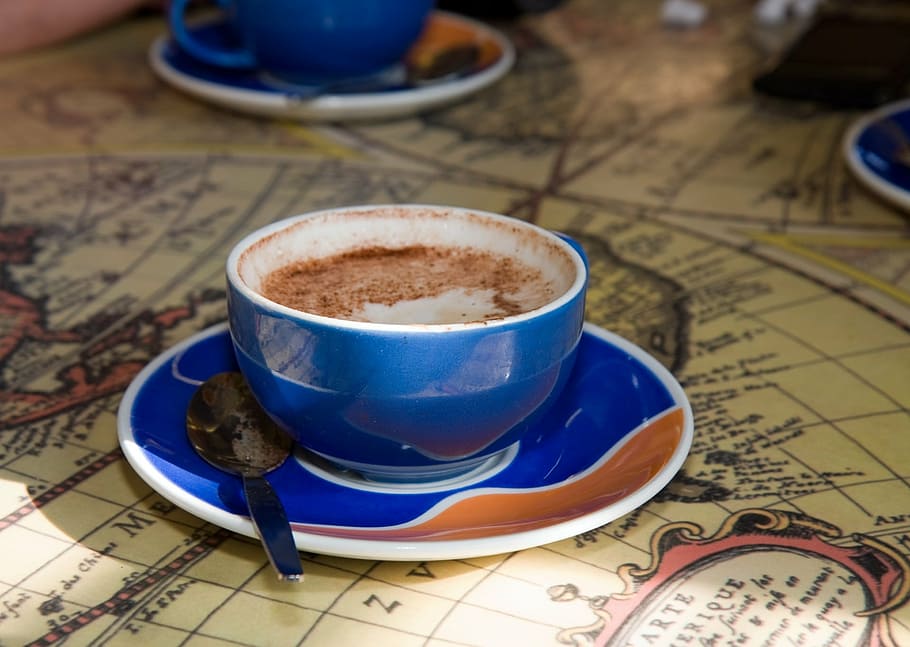 cappuccino filled blue ceramic cup, cup coffee, drink, liquid HD wallpaper