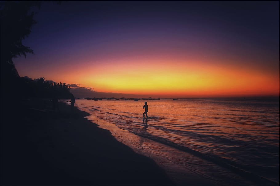 silhouette photo of woman on shore, person, standing, ocean HD wallpaper