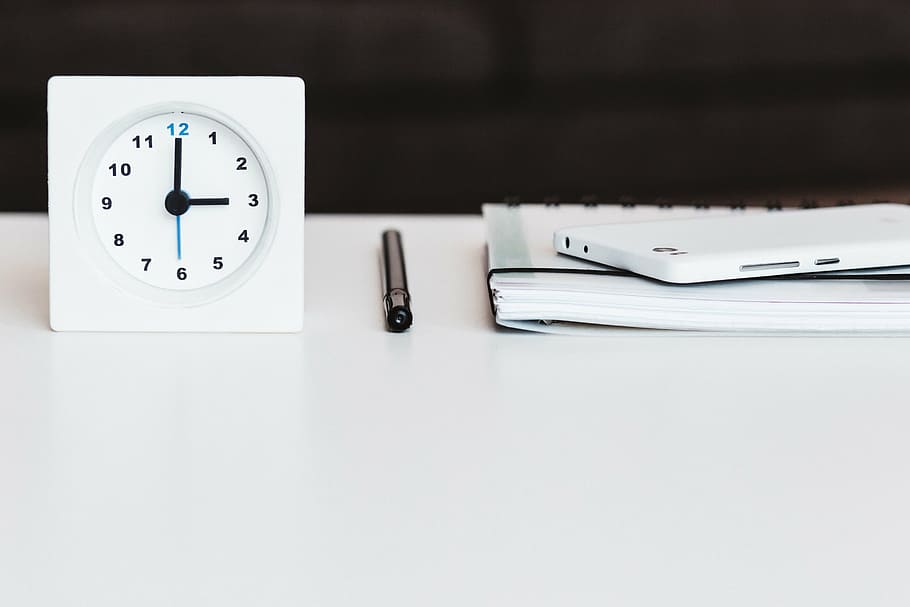black pen between white desk clock and smartphone, time, plan HD wallpaper