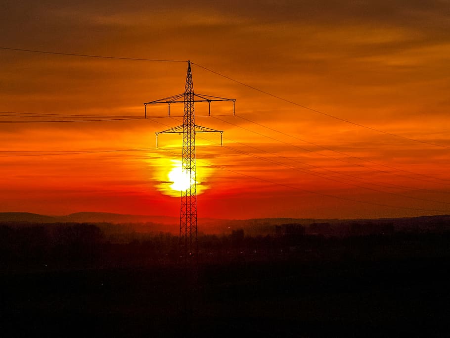 sunset, landscape, evening, technology, sky, electricity, cable HD wallpaper